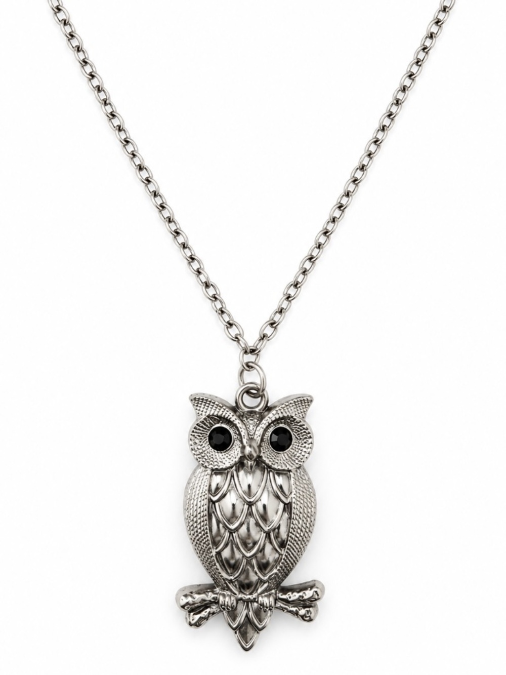 VINTAGE • Silver Owl Pendant Necklace Black Eyes